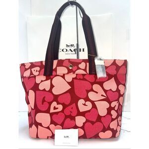 Coach Pink Red Heart Print Canvas Tote